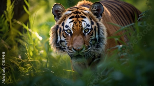  a close up of a tiger in a field of tall grass with grass in the foreground and a blurry background. © Nadia