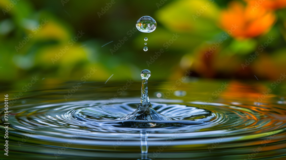 A crystal-clear droplet dances mid-air, sunlight catching its iridescence, as it plunges into a serene pond, creating ripples and reflections that mesmerize the onlooker