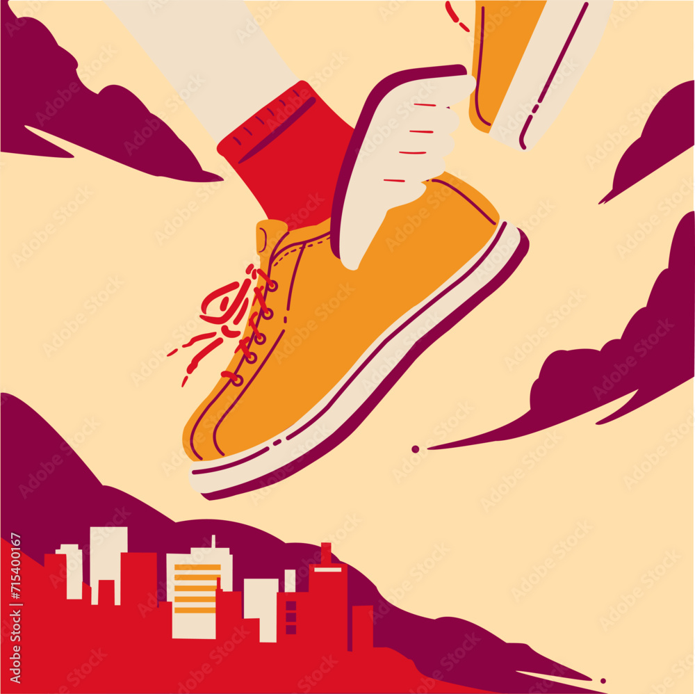 Vector hand drawn winged sneaker with urban background