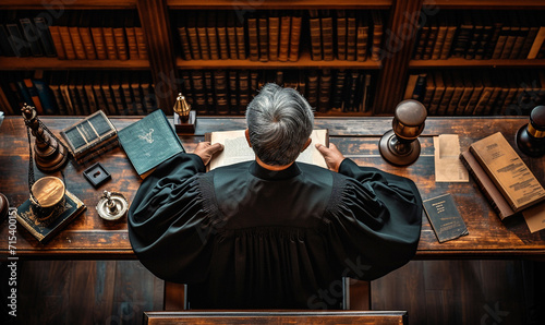 A judge wearing a traditional black robe reading law book. photo