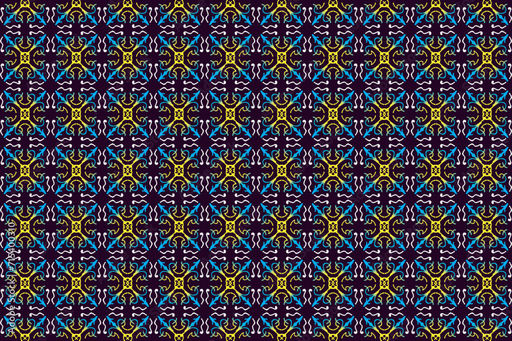 Seamless pattern of seamless solid color gradient ethnic flowers, combination of 3 bright and light colors