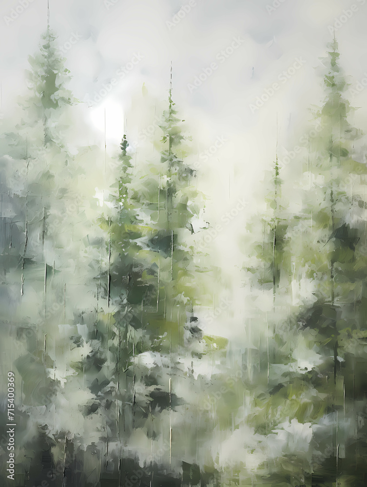 A Painting Of Green Forest Trees, A Painting Of Trees In The Fog
