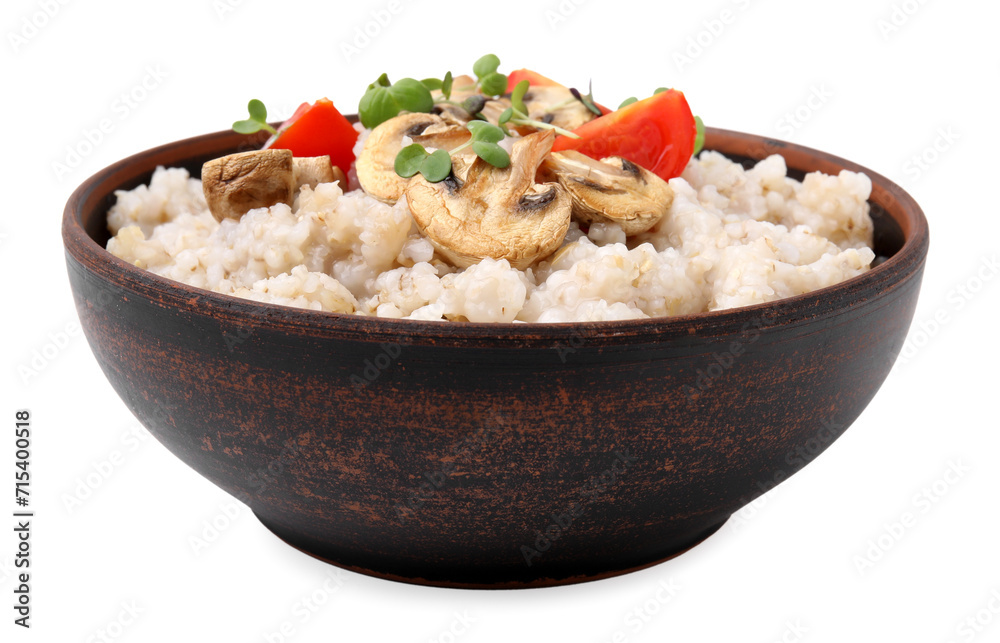 Delicious barley porridge with mushrooms, tomatoes and microgreens in bowl isolated on white Delicious barley porridge with mushrooms, tomatoes and microgreens in bowl isolated on white