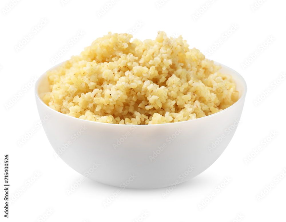 Delicious bulgur in bowl isolated on white Delicious bulgur in bowl isolated on white