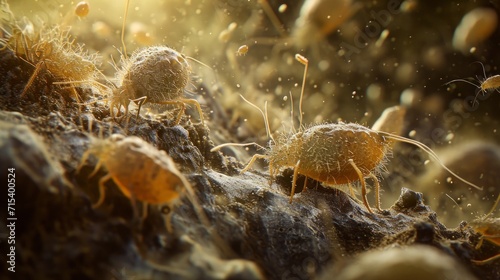 Soil-dwelling mites and microarthropods  dust pincers under microscopic close up view.