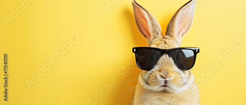 sweet easter bunny wearing black sunglasses, on yellow background, with empty copy space