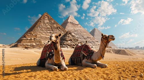 Magnificent Camels Lying in Wait at the Giza Pyramids. Generative Ai.
