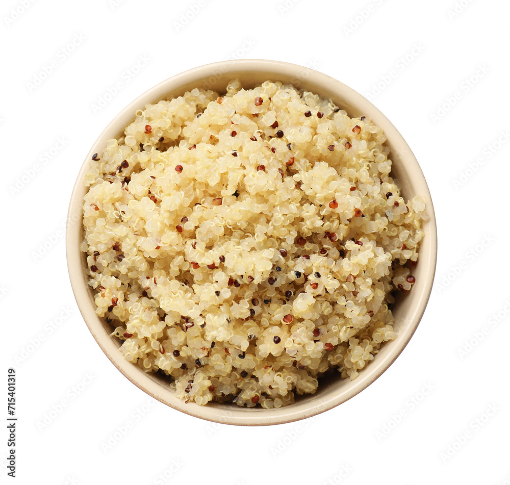 Tasty quinoa porridge in bowl isolated on white, top view