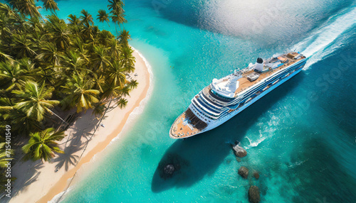 Aerial view of a large cruise ship in front of a small tropical island with palm trees with a beautiful sandy beach, surrounded by turquoise sea water. Generative Ai.