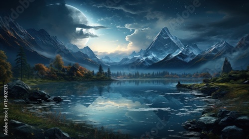  a painting of a mountain landscape with a lake in the foreground and a full moon in the sky above.