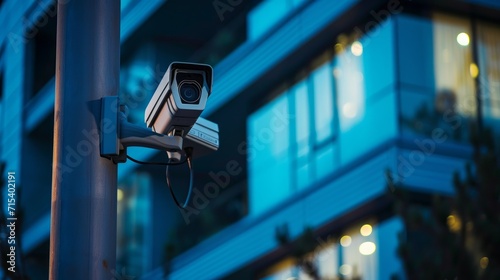 Surveillance camera mounted on a pole outside a building 