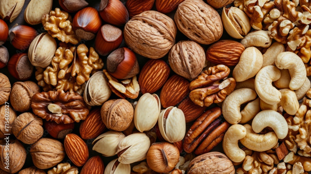 Background with different varieties of nuts. Top view of various nuts Background with different varieties of nuts. Top view of various nuts
