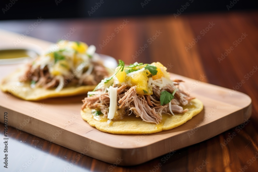 Fototapeta premium stuffed arepa with melted cheese and pulled pork