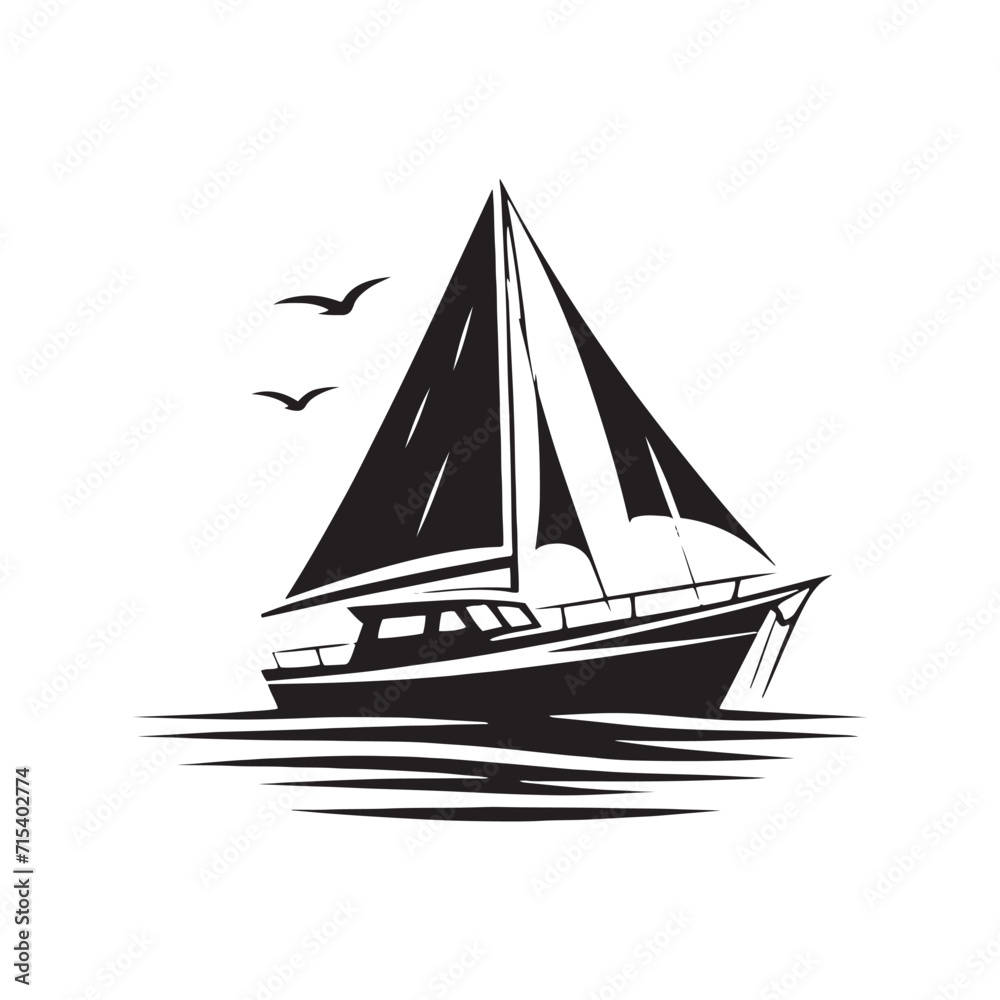 Whispering Waters: Boat Silhouettes Whispers Secrets Across Tranquil Water Horizons - Boat Illustration - Sea Vector - Yacht Illustration
