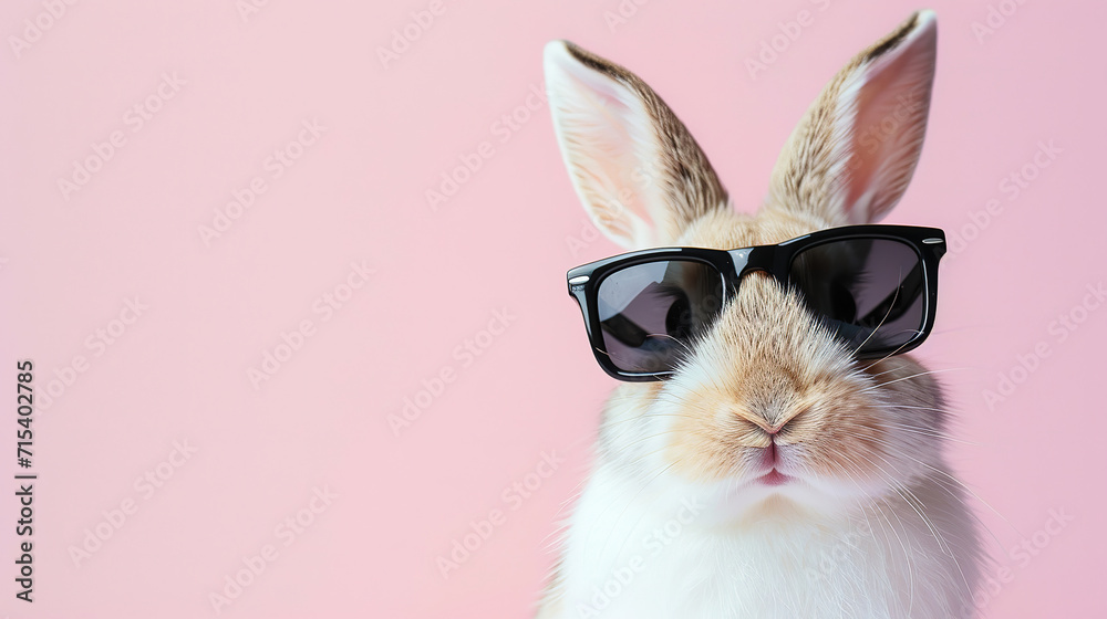 sweet easter bunny  wearing black sunglasses, on light pinkbackground, with empty copy space