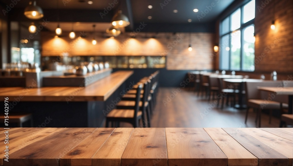 Blurry Restaurant Countertop on Empty Flat Smooth Wood Table Background, Empty Flat Smooth Wood Table, Bokeh Background Blurry Restaurant Countertop on Empty Flat Smooth Wood Table Background, Empty Flat Smooth Wood Table, Bokeh Background