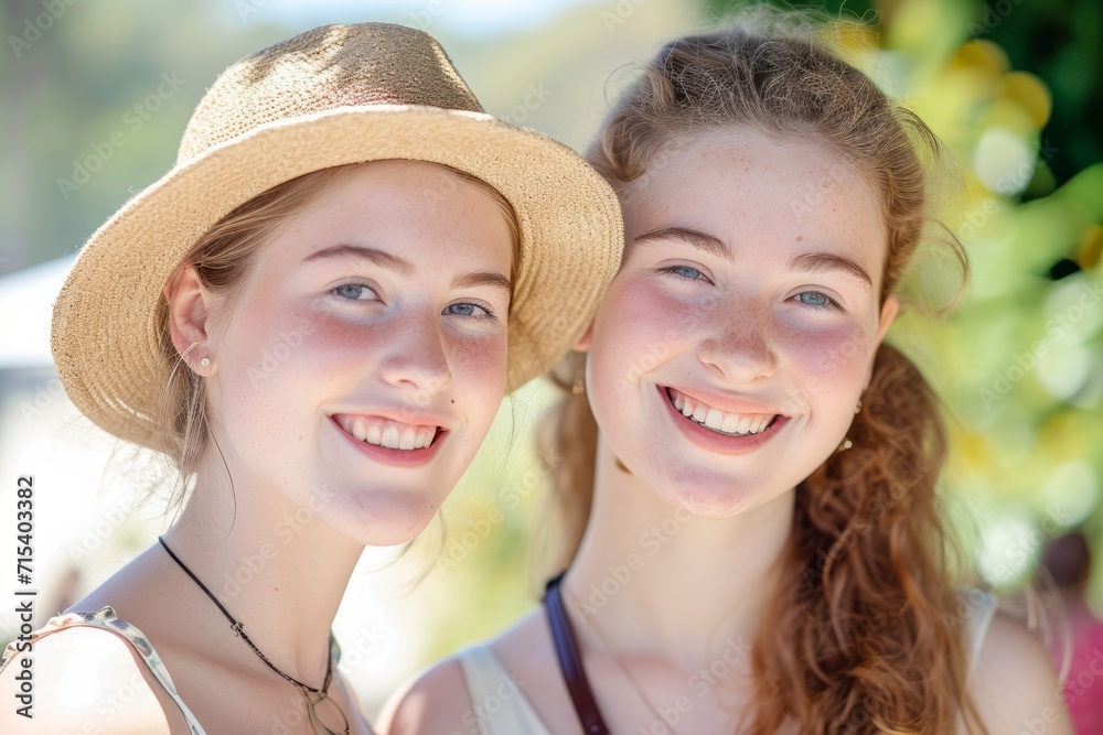 Two smiling young women outdoors, one wearing a straw hat, enjoying a sunny day together.