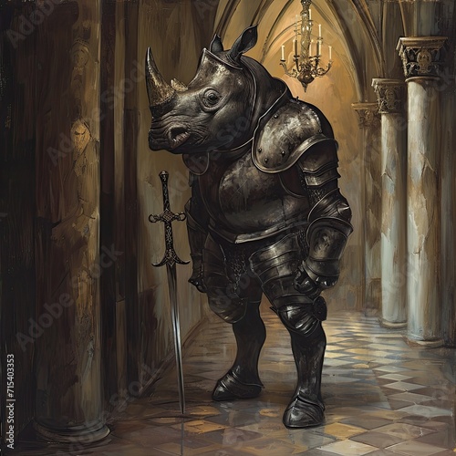 A somber rhinoceros in a suit of armor, resembling a medieval knight, standing in a castle hall