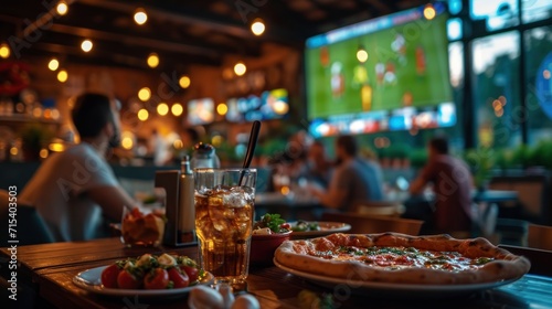 Pizza Aficionados Snacking while Watching Soccer on TV in a Restaurant. Generative Ai. photo