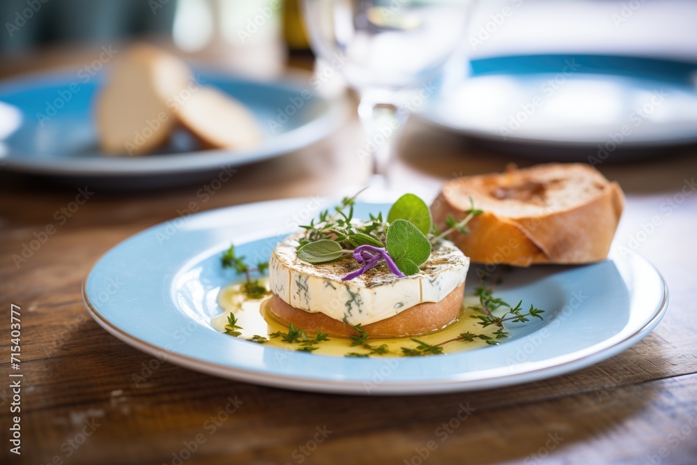 camembert baked in pastry, on a plate with a sprig of mint