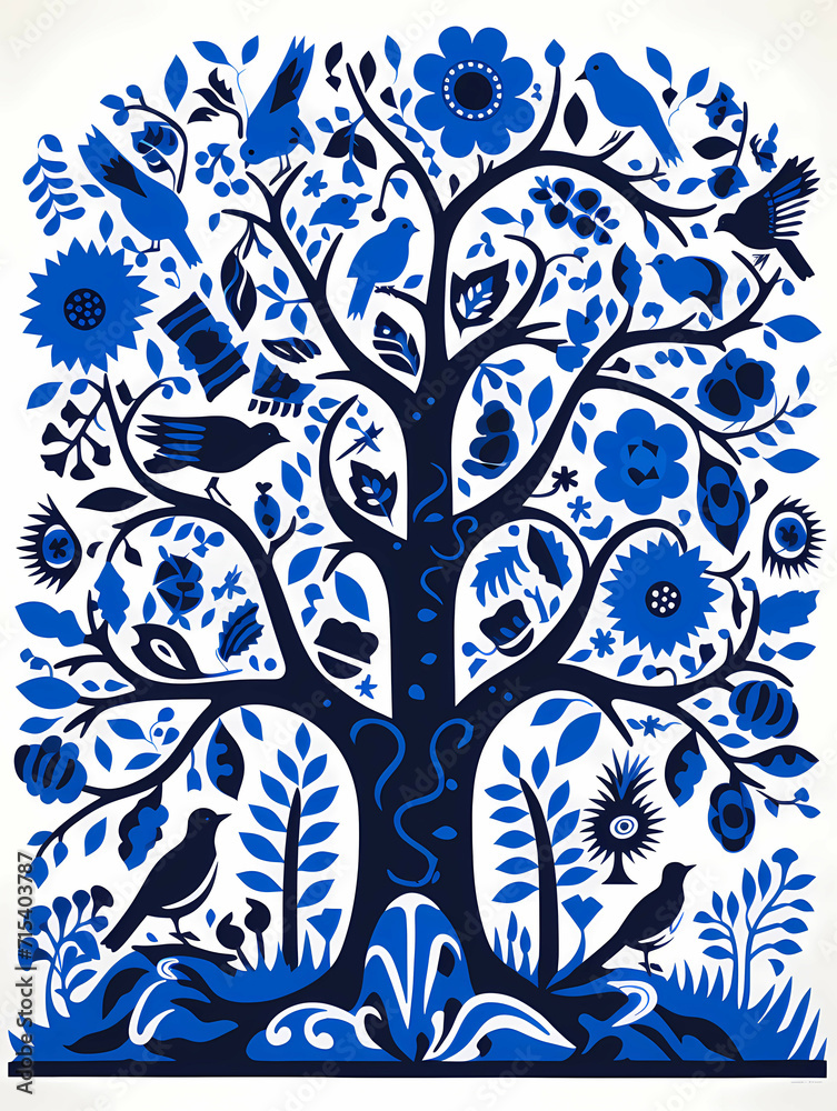 Silkscreened Stencil, A Blue And White Tree With Birds And Flowers