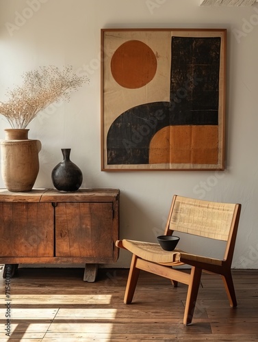 Minimalist abstract colorful mid century japandi style interior decor, living room inspiration. Zen, calm, charming and cosy vibes. Great for poster design or frame as decor. Simple shapes and lines.