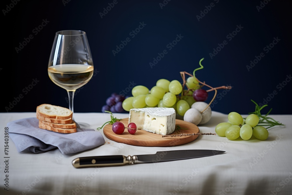 camembert with a knife, wine glasses, and grapes on the side camembert with a knife, wine glasses, and grapes on the side