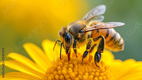 Bee pollinating yellow flower in garden in summer