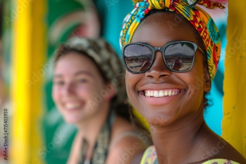 Two women smiling with colorful headscarves and sunglasses, vibrant background.