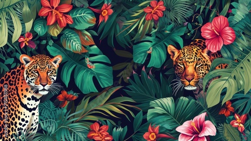 Tropical exotic pattern with animal and flowers in bright colors and lush vegetation photo