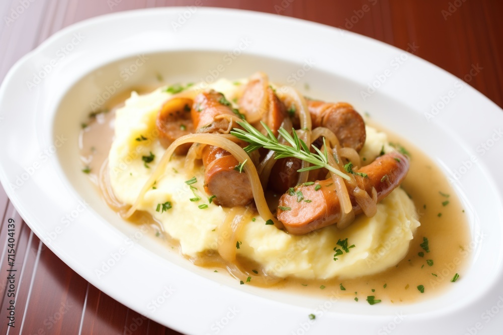 sausages atop creamy mashed potatoes with onion gravy