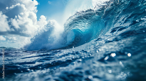 Powerful blue ocean wave crashing in sea water