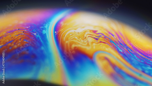 Dye mix. Oil fluid. Gasoline leak. Defocused rainbow color glowing round bubble liquid paint blend wave motion on dark green abstract art background.