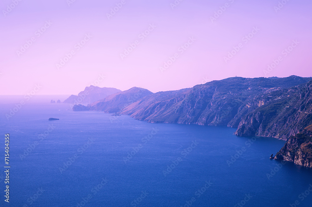 Amalfi Coast at sunset, Peninsula of Sorrento, Gulf of Salerno, Italy, Europe.