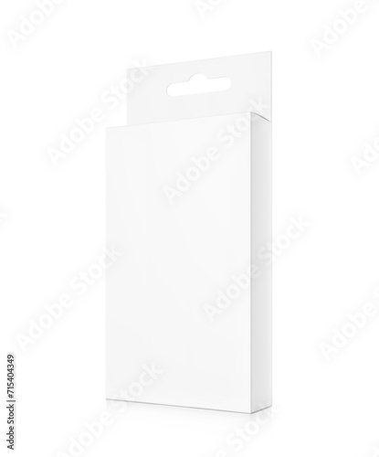 White package box with hang slot mockup for electronic and mobile accessories. Half side view. Vector illustration isolated on white background. Ready and simple to use for your design. EPS10.
