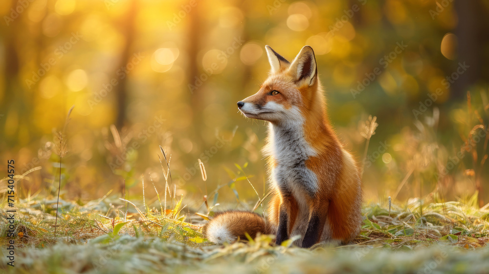 Orange fox sitting alert in forest in summer with bokeh background Orange fox sitting alert in forest in summer with bokeh background