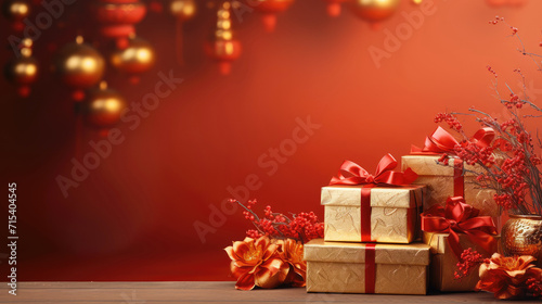 Golden Chinese traditional culture Gift Boxes on Festive abstract landscape red bokeh decorations  Background with Tree and Ribbon banner copy space for text
