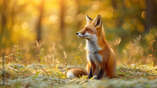 Orange fox sitting alert in forest in summer with bokeh background