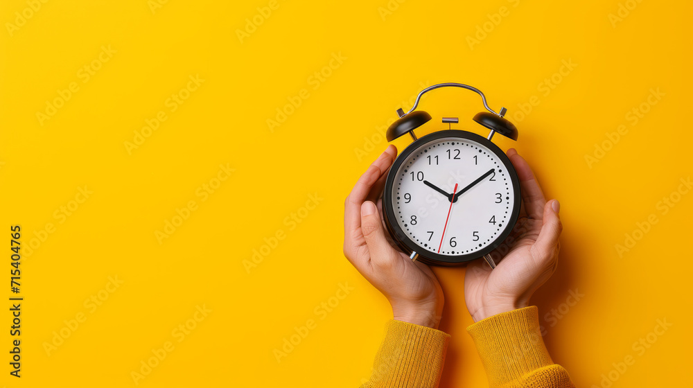 Hands holding traditional alarm clock on yellow background - obrazy, fototapety, plakaty 
