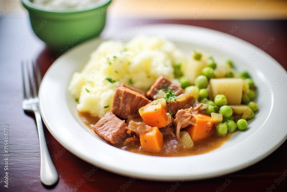 beef stew meal, side of green peas and mashed potatoes beef stew meal, side of green peas and mashed potatoes