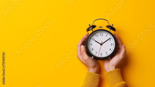Hands holding traditional alarm clock on yellow background photo