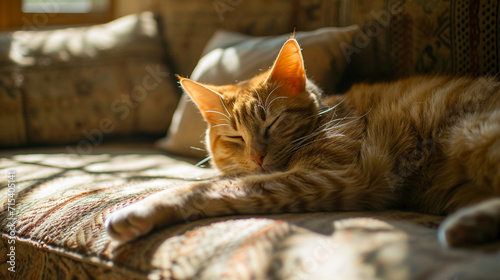 A ginger cat sleeping comfortably on the sofa ,Generative AI