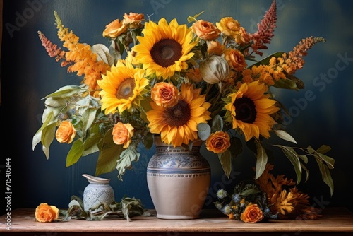  a bouquet of sunflowers and other flowers in a vase on a table with a blue wall in the background.