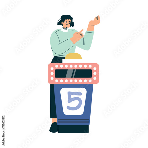 Quiz Game with Young Woman Participant at Button Stand Vector Illustration photo