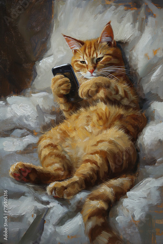 expressive oil portrait of an orange cat laying down in bed, holding a cellphone,Generative AI