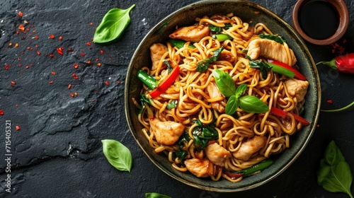 Stir-fried Noodles with Chicken and Vegetable Chow Mein. Generative Ai.