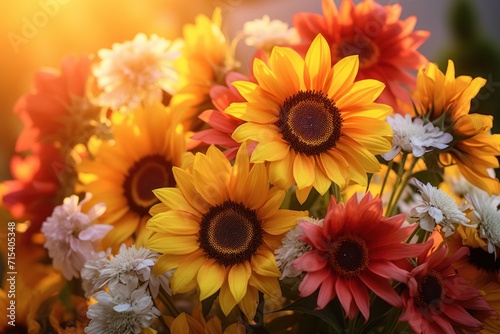  a bouquet of sunflowers in a vase with the sun shining through the window in the backround.