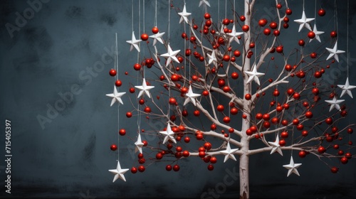  a christmas tree with white stars hanging from it's branches and red berries hanging from it's branches.