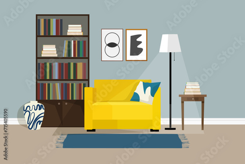 Yellow armchair with a bookcase and pictures with a floor lamp in Scandinavian style. Vector illustration.