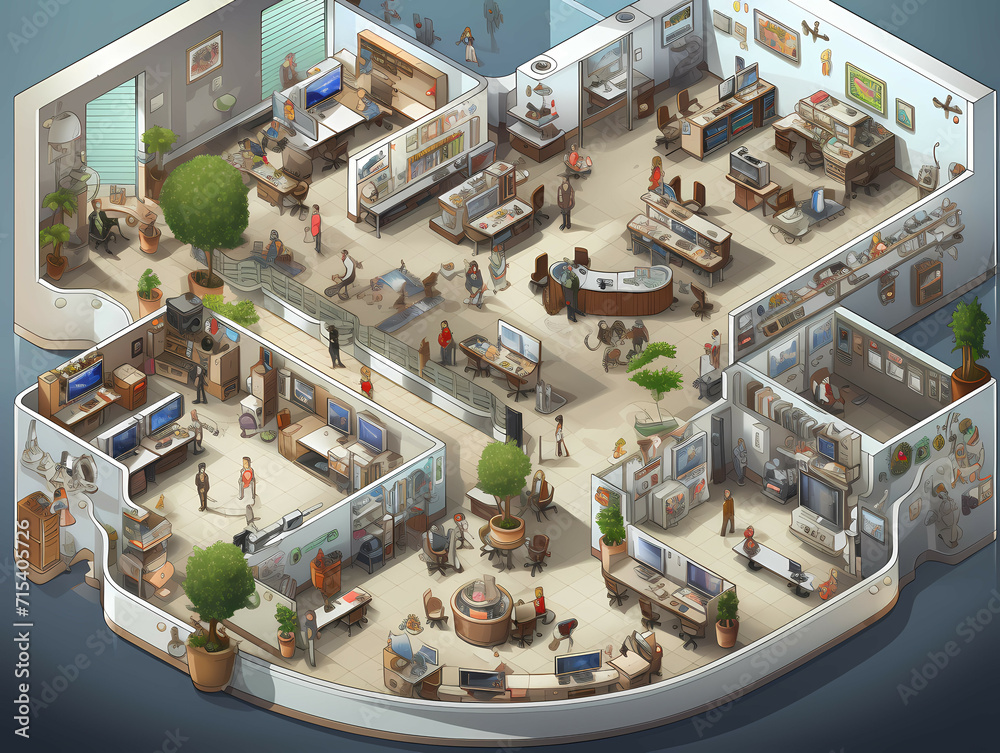 A Birds Eye View Of An Office, A Map Of A Building With People And Computers